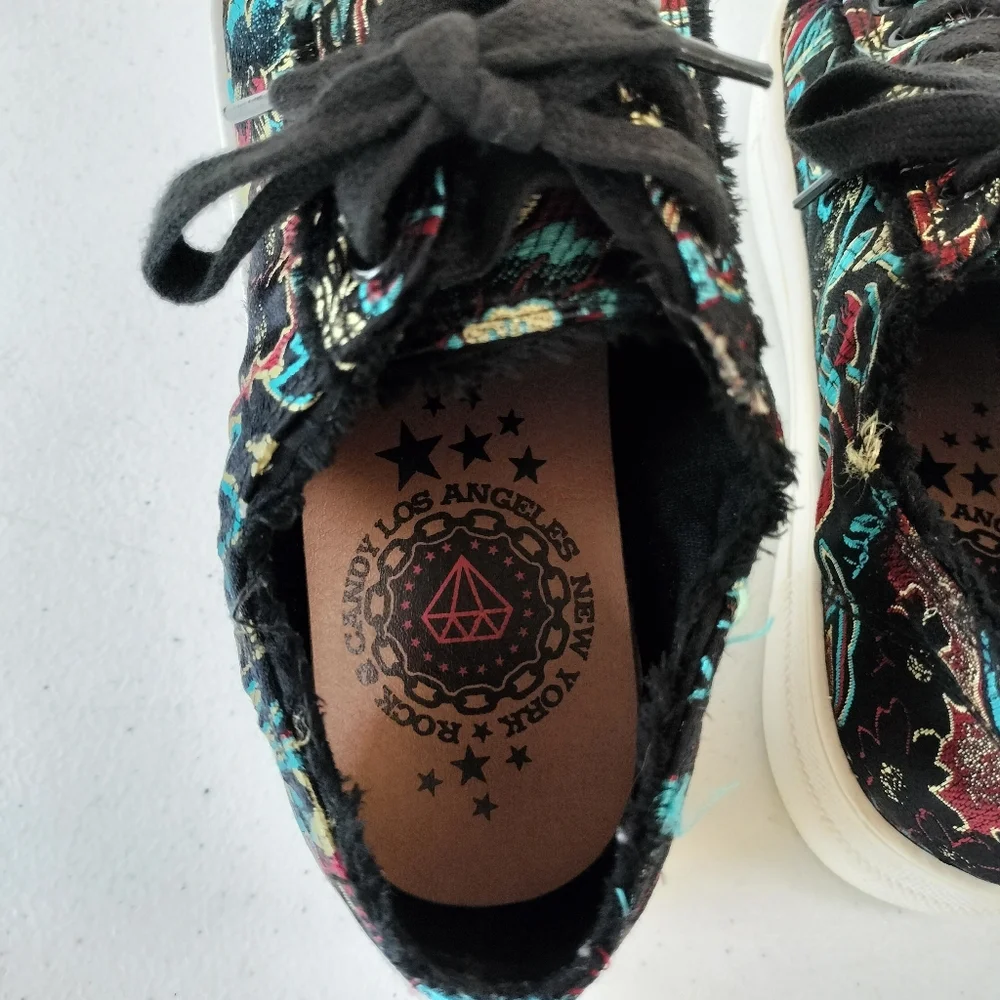 Rock & Candy Silky Black Floral Brocade Frayed Edges Sneakers 7 Goth Rock Artsy
